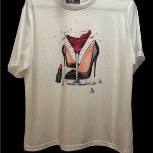 Chic Women's White Tee with Heels and Lipstick Graphic NWOT